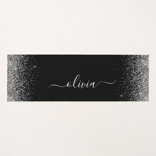 Silver Black Glitzer Girly Monogram Übung Yogamatte (Vorderseite (Horizontal))