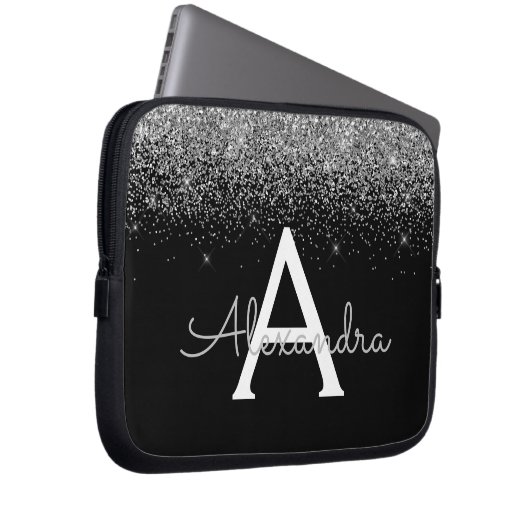 Silver Black Glitzer Glam Chic Monogram Laptopschutzhülle (Vorne Rechts)