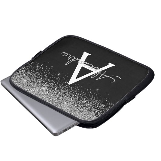 Silver Black Glitzer Glam Chic Monogram Laptopschutzhülle (Vorne Knopf)