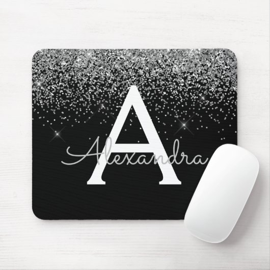 Silver Black Glitzer Luxus Monogram Name Mousepad (Mit Mouse)