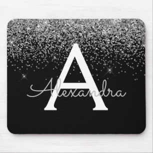 Silver Black Glitzer Luxus Monogram Name Mousepad