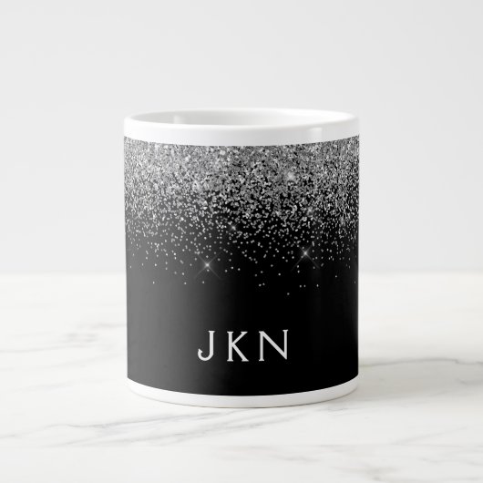 Silver Black Glitzer Modern Monogram Name Jumbo-Tasse (Vorderseite)