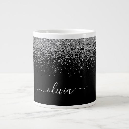Silver Black Glitzer Modern Monogram Name Jumbo-Tasse (Vorderseite)