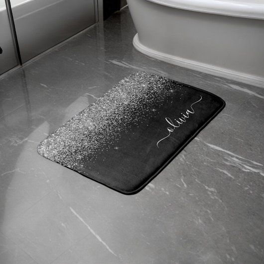 Silver Black Glitzer Script Monogram Girenname Badematte