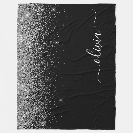 Silver Black Glitzer Script Monogram Girenname Fleecedecke (Vorderseite)
