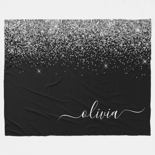 Silver Black Glitzer Script Monogram Girenname Fleecedecke (Vorderseite (Horizontal))