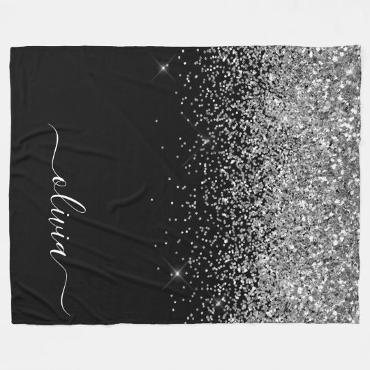 Silver Black Glitzer Script Monogram Girenname Fleecedecke (Vorderseite (Horizontal))