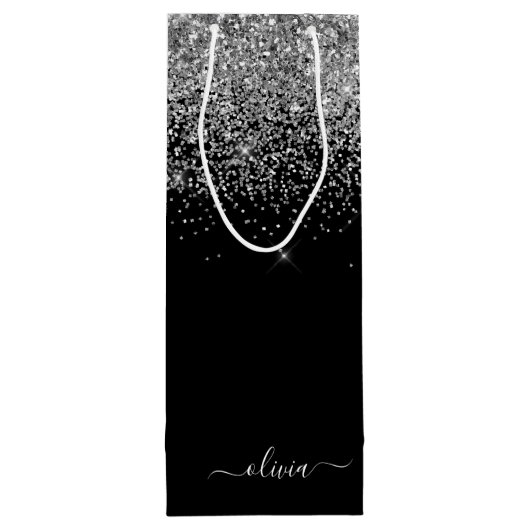 Silver Black Glitzer Script Monogram Girenname Geschenktüte Für Weinflaschen (Rückseite)