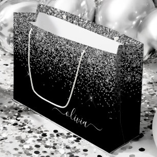 Silver Black Glitzer Script Monogram Girenname Große Geschenktüte