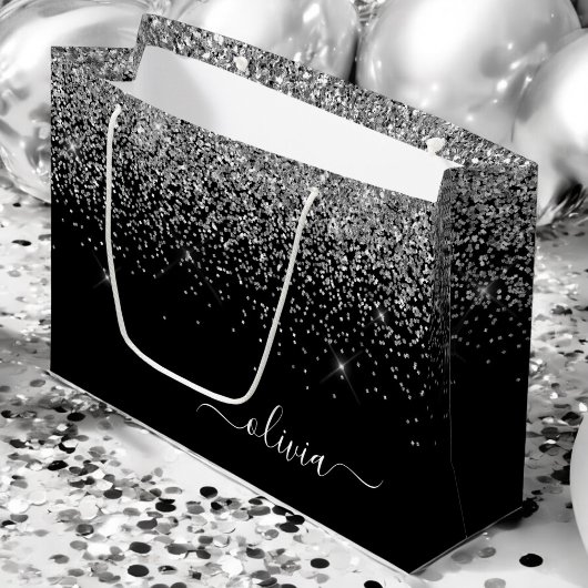 Silver Black Glitzer Script Monogram Girenname Große Geschenktüte