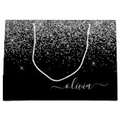 Silver Black Glitzer Script Monogram Girenname Große Geschenktüte (Vorderseite)