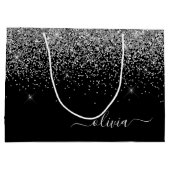 Silver Black Glitzer Script Monogram Girenname Große Geschenktüte (Rückseite)