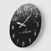 Silver Black Glitzer Script Monogram Girenname Große Wanduhr (Winkel)
