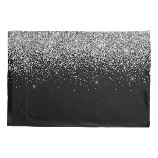 Silver Black Glitzer Script Monogram Girenname Kissenbezug (Rückseite)