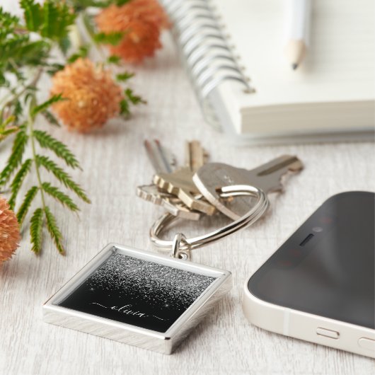 Silver Black Glitzer Script Monogram Girenname Schlüsselanhänger (Seite)