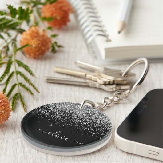 Silver Black Glitzer Script Monogram Girenname Schlüsselanhänger (Vorderseite rechts)