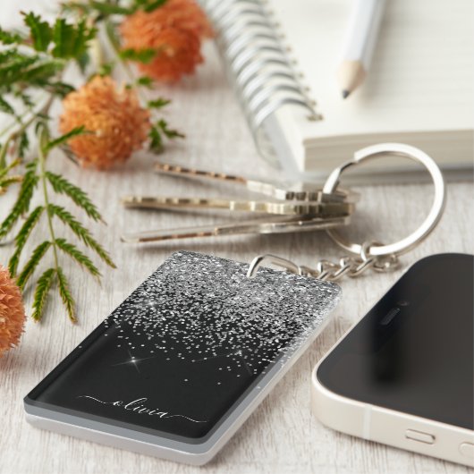 Silver Black Glitzer Script Monogram Girenname Schlüsselanhänger (Vorderseite rechts)