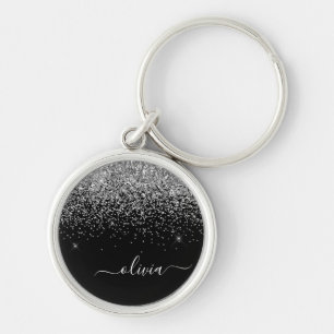 Silver Black Glitzer Script Monogram Girenname Schlüsselanhänger