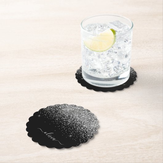 Silver Black Glitzer Script Monogram Girenname Untersetzer (Vor Ort)