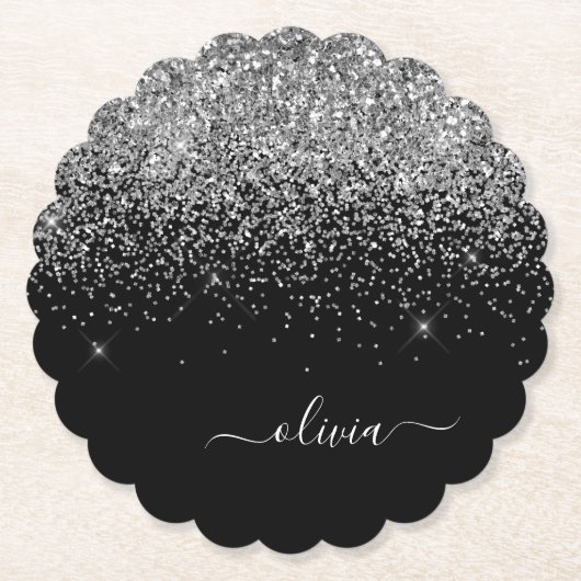 Silver Black Glitzer Script Monogram Girenname Untersetzer (Vorderseite)