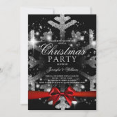 Silver Black Glitzer Snowflake & Ribbon Xmas Party Einladung (Vorderseite)