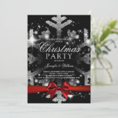 Silver Black Glitzer Snowflake & Ribbon Xmas Party Einladung (Stehend Vorderseite)