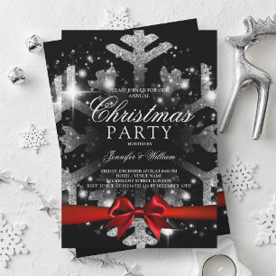 Silver Black Glitzer Snowflake & Ribbon Xmas Party Einladung