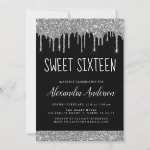 Silver Black Glitzer Sparkle Elegant Sweet 16 Einladung