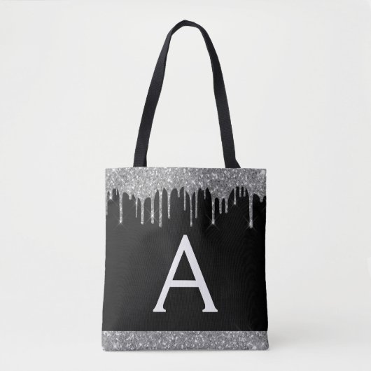 Silver Black Glitzer Sparkle Elegantes Monogramm Tasche (Vorderseite)