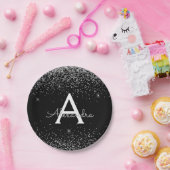 Silver Black Glitzer Sparkle Monogram Birthday Pappteller (Party)