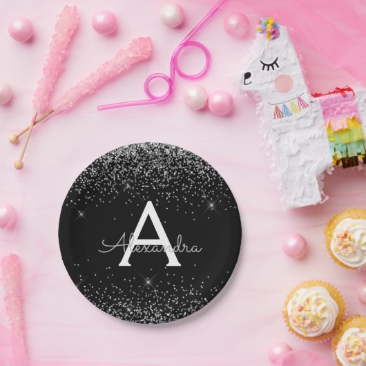 Silver Black Glitzer Sparkle Monogram Birthday Pappteller (Party)