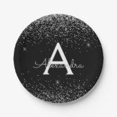 Silver Black Glitzer Sparkle Monogram Birthday Pappteller (Vorderseite)