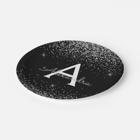Silver Black Glitzer Sparkle Monogram Birthday Pappteller (Schrägansicht)