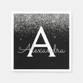 Silver Black Glitzer & Sparkle Monogram Birthday Serviette