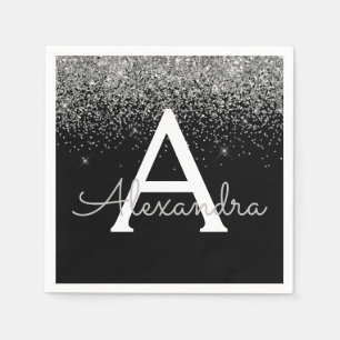 Silver Black Glitzer & Sparkle Monogram Birthday Serviette