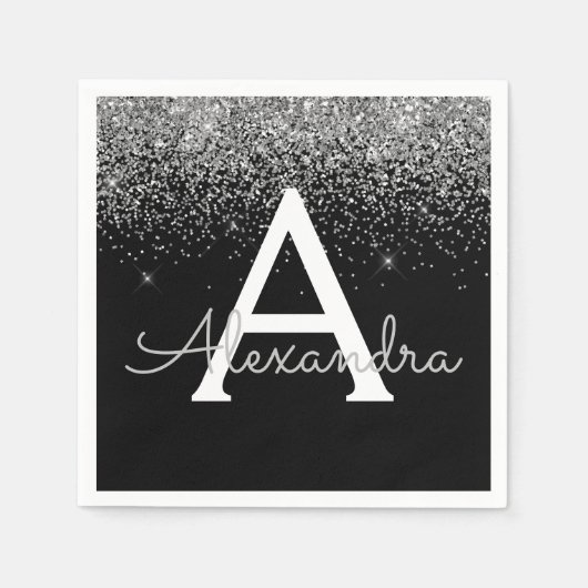Silver Black Glitzer & Sparkle Monogram Birthday Serviette (Vorderseite)