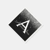 Silver Black Glitzer & Sparkle Monogram Birthday Serviette (Ecke)