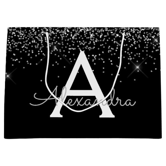 Silver Black Glitzer & Sparkle Monogram Große Geschenktüte (Vorderseite)