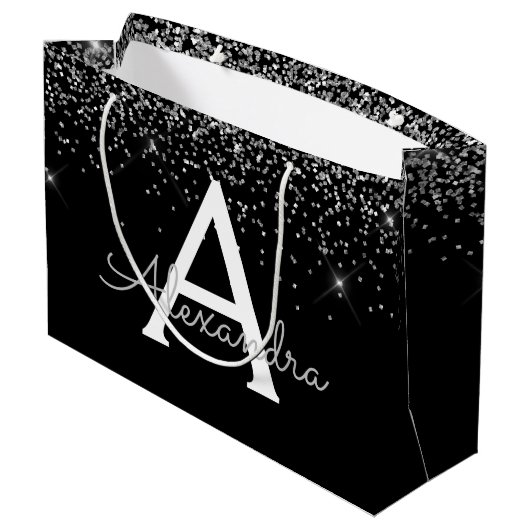 Silver Black Glitzer & Sparkle Monogram Große Geschenktüte (Rückseite Schrägansicht)