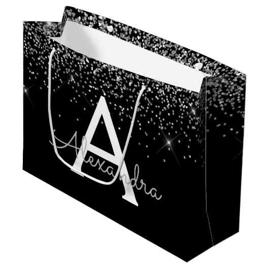 Silver Black Glitzer & Sparkle Monogram Große Geschenktüte (Vorderseite Schrägansicht)