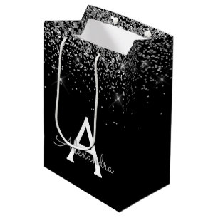 Silver Black Glitzer & Sparkle Monogram Mittlere Geschenktüte