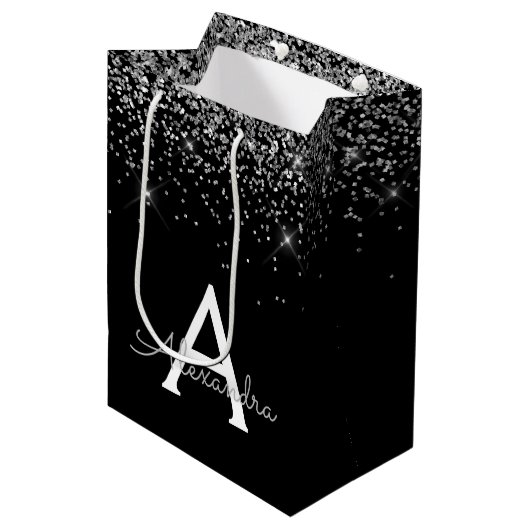 Silver Black Glitzer & Sparkle Monogram Mittlere Geschenktüte (Vorderseite Schrägansicht)