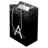 Silver Black Glitzer & Sparkle Monogram Mittlere Geschenktüte (Rückseite Schrägansicht)