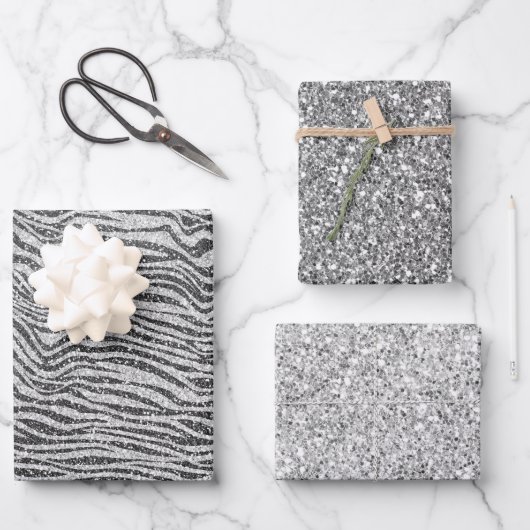 Silver Black Glitzy Zebra Print Glitzer Geschenkpapier Set (Vorderseite)