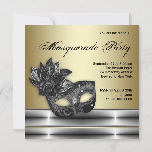 Silver Black Gold Masquerade Party Einladungen (Rückseite)