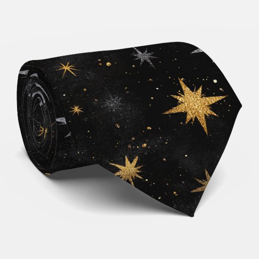 Silver Black Gold New Year's Celebration Stars Krawatte (Gerollt)