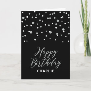 Silver & Black Happy Geburtstag Individuelle Name  Karte