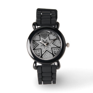 Silver & Black Hearts and Stars Watch Armbanduhr