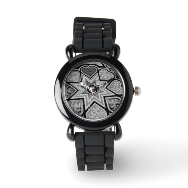 Silver & Black Hearts and Stars Watch Armbanduhr (Vorderseite)