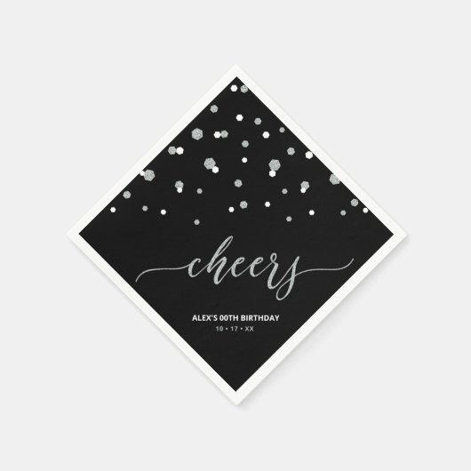 Silver Black Hexagon Confetti Cheers Custom Party Serviette (Ecke)
